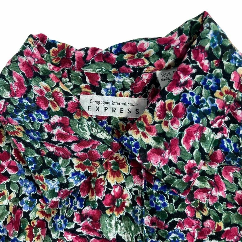 Vintage X SMALL Express Blouse Y2K 1009s Bold Pink Green Blue Floral Shirt